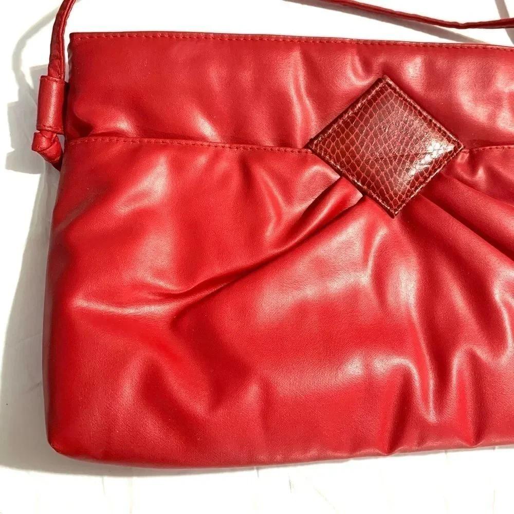 Vintage Purse Red Vegan Leather Clutch Shoulder Bag Special Occasion Grandma